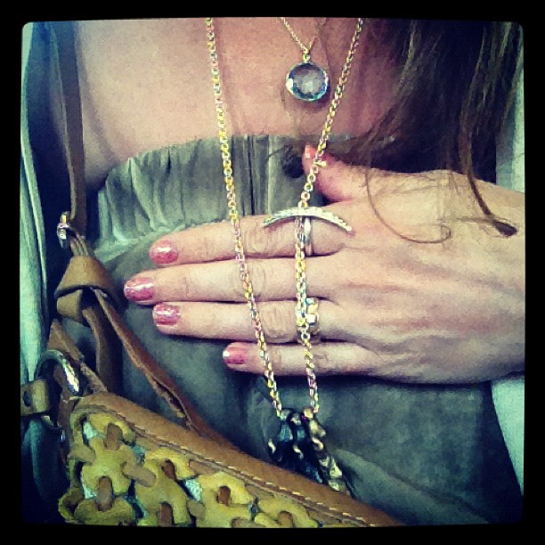 Wearing today: strapless @kennethcole, @foleyandcorinna bag, @ippolitajewelry & @hannahwarner necklaces, @lyralovestar ring, nails panted to sparkle like the sand. #ramshackleglam #jith